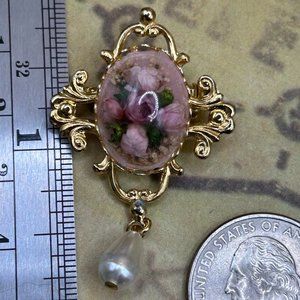 Vintage Clear Lucite Gold Filigree Brooch Pin Mauve Pink Rose Floral